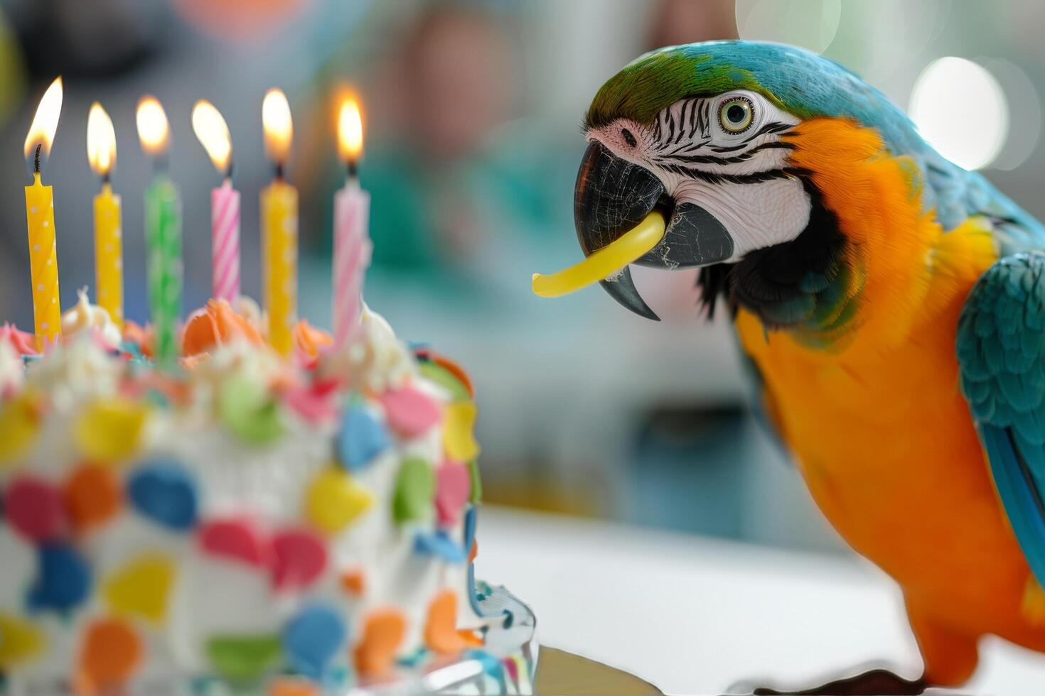 Colorful Parrot at a Birthday Celebration With Cake and Candles photo