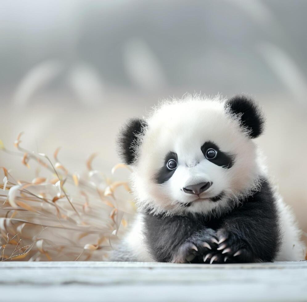 Cute Baby Panda Playing Among Soft Leaves in Natural Habitat photo