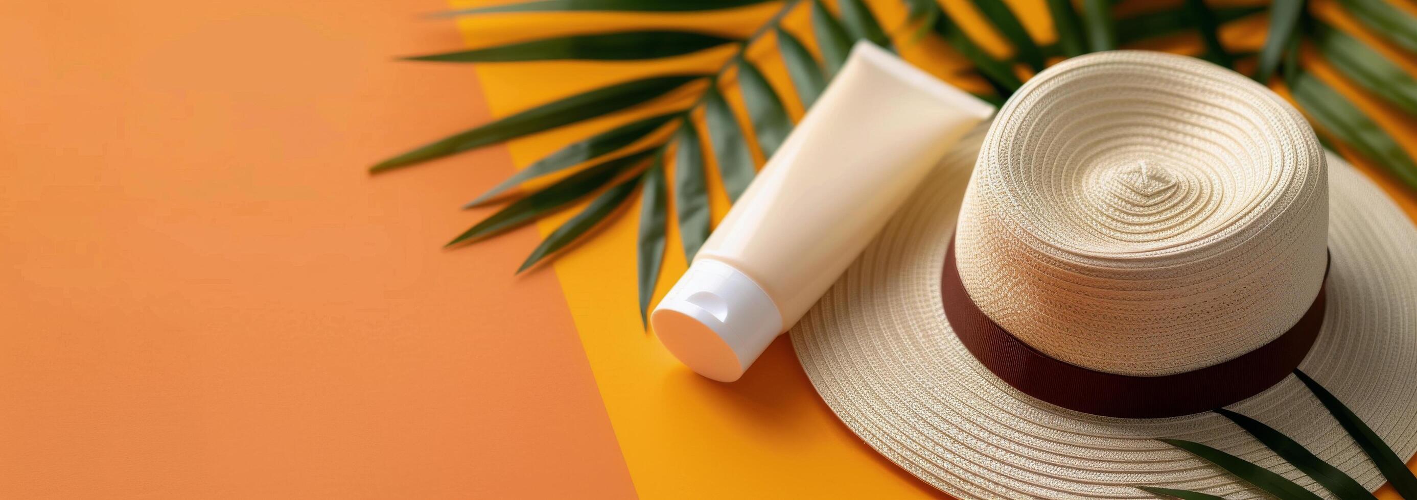 Sun Care Essentials With Straw Hat and Green Leaf on Vibrant Orange Background photo