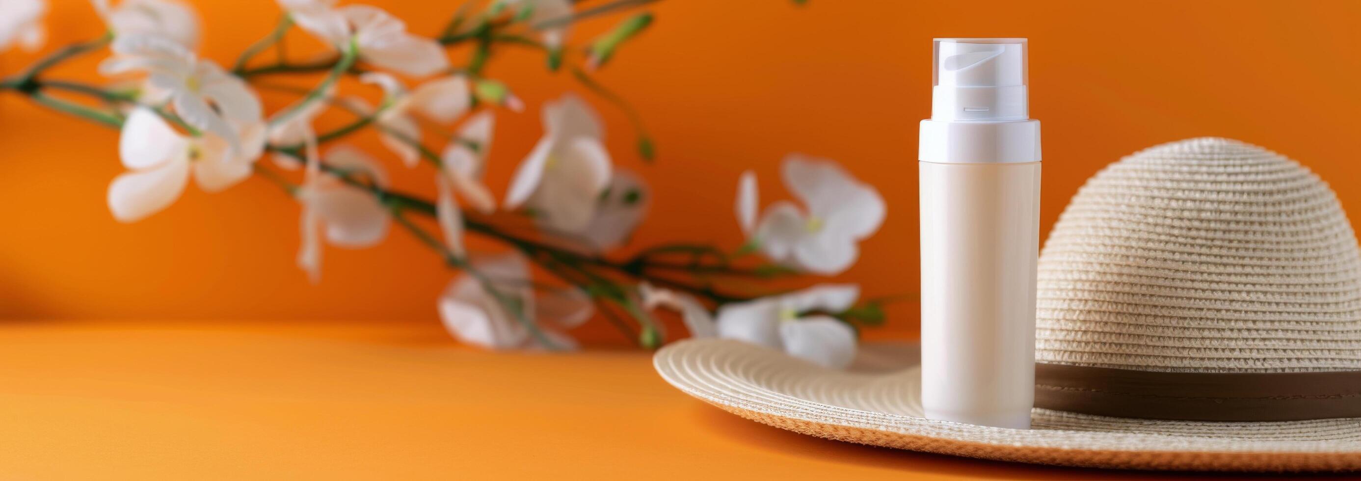 Sun Care Essentials With Straw Hat and Green Leaf on Vibrant Orange Background photo