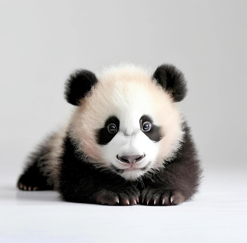 Cute Baby Panda Playing Among Soft Leaves in Natural Habitat photo