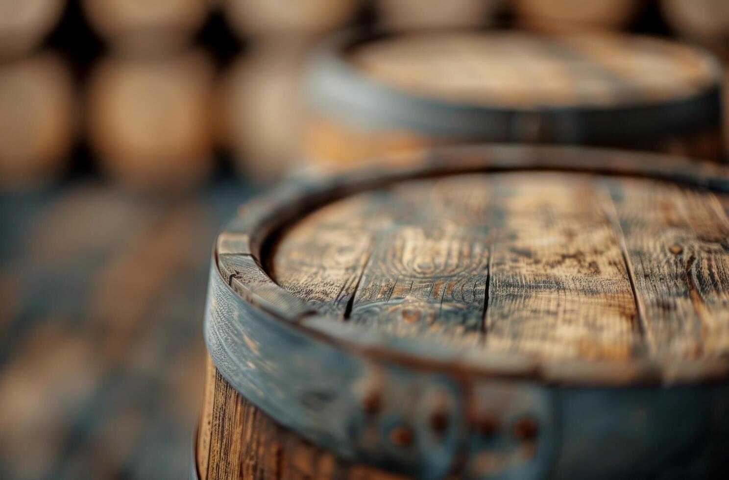 Wooden Barrels In a Rustic Distillery Setting photo