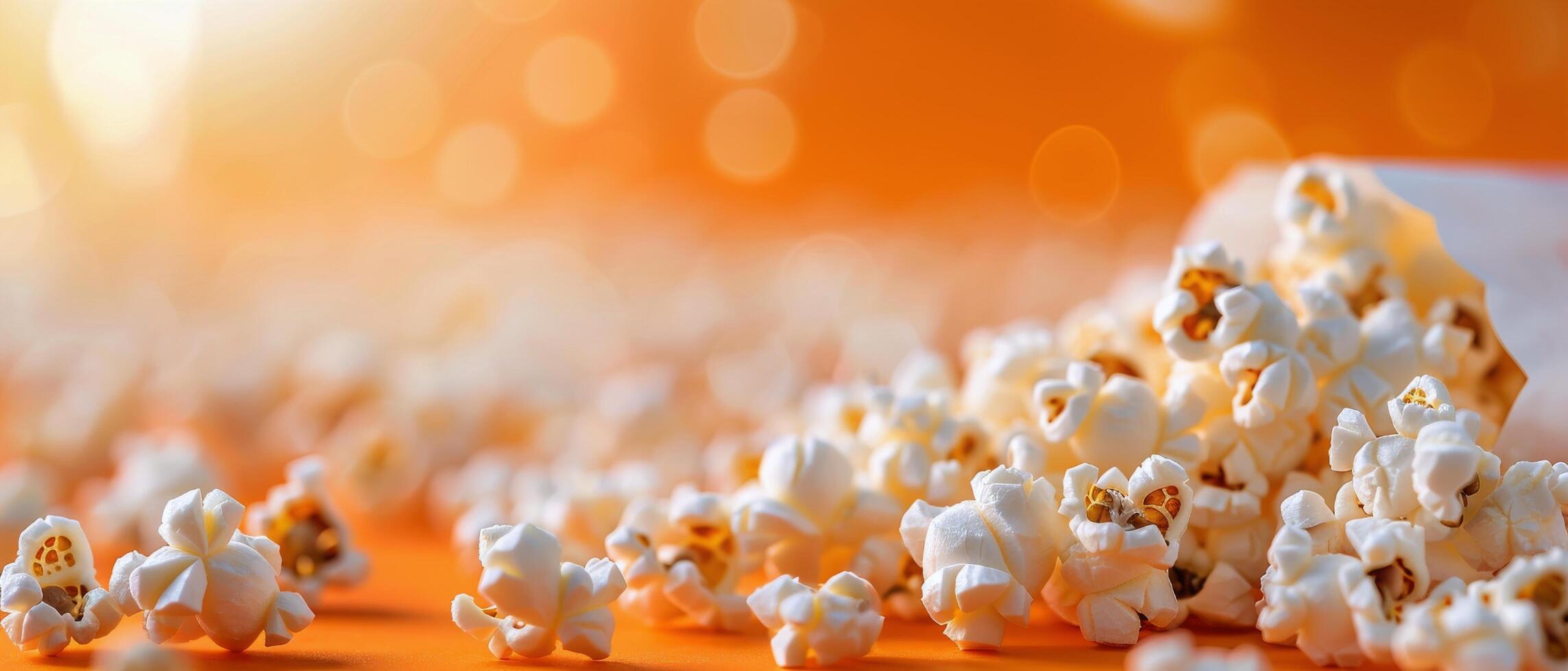 Freshly Popped Popcorn Spread Across Bright Yellow Background photo