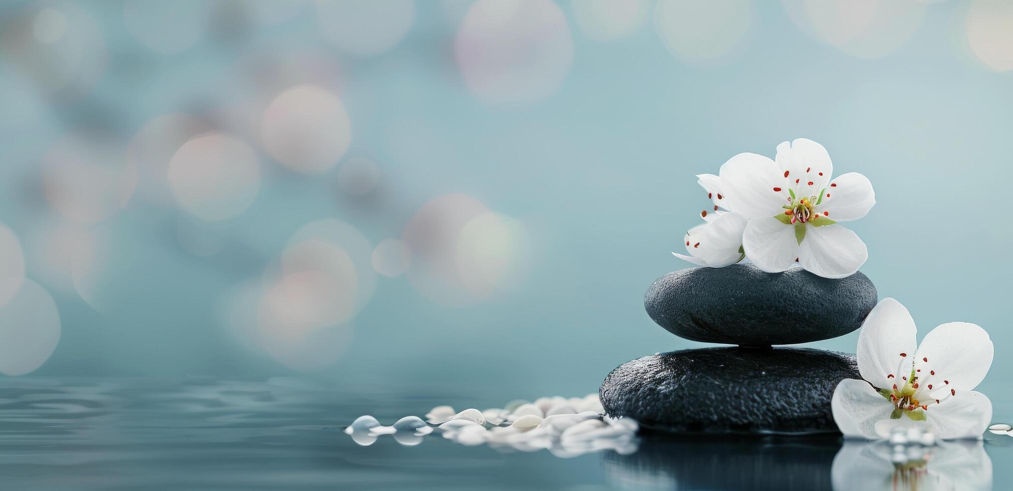 Black Stones Stacked With White Flowers Beside Water in Serene Environment photo