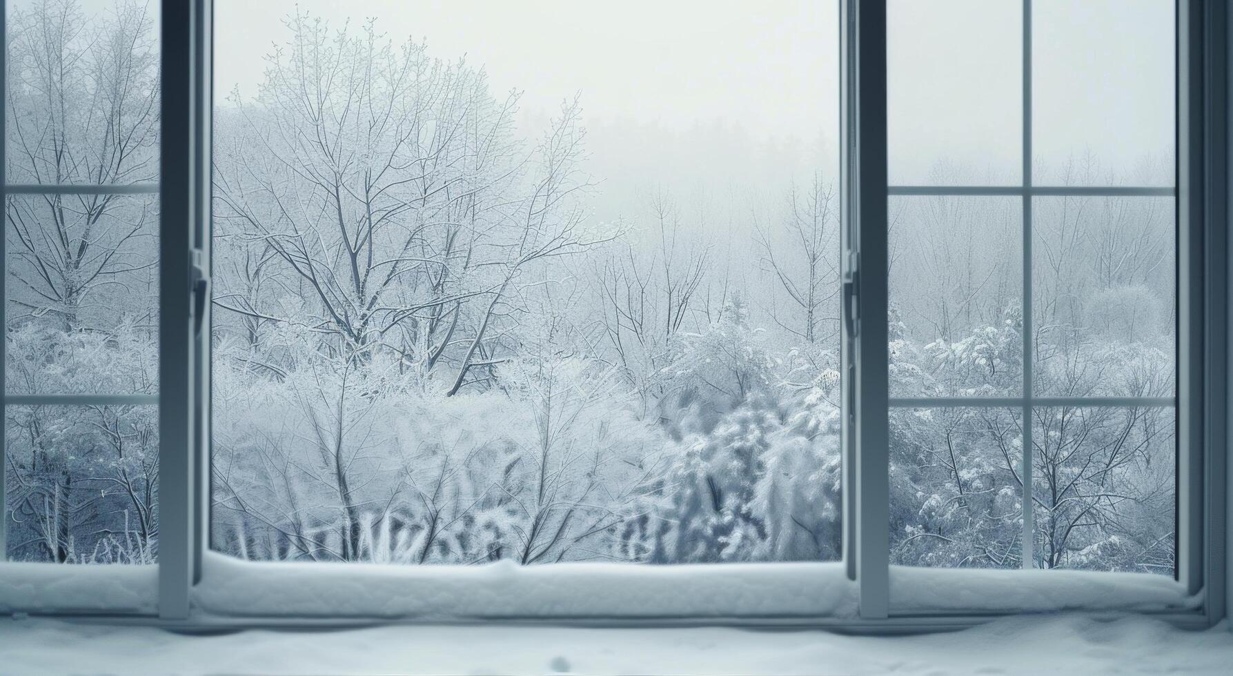 Snow-Covered Trees and Frosted Landscape in Winter Morning Light photo