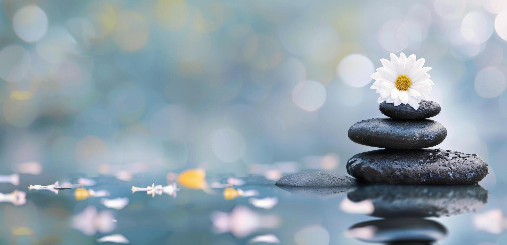 Serene Spa Setting With Smooth Stones and Flower on Tranquil Water Surface photo