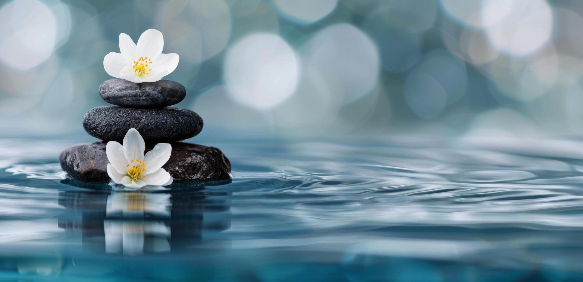 Serene Spa Setting With Smooth Stones and Flower on Tranquil Water Surface photo