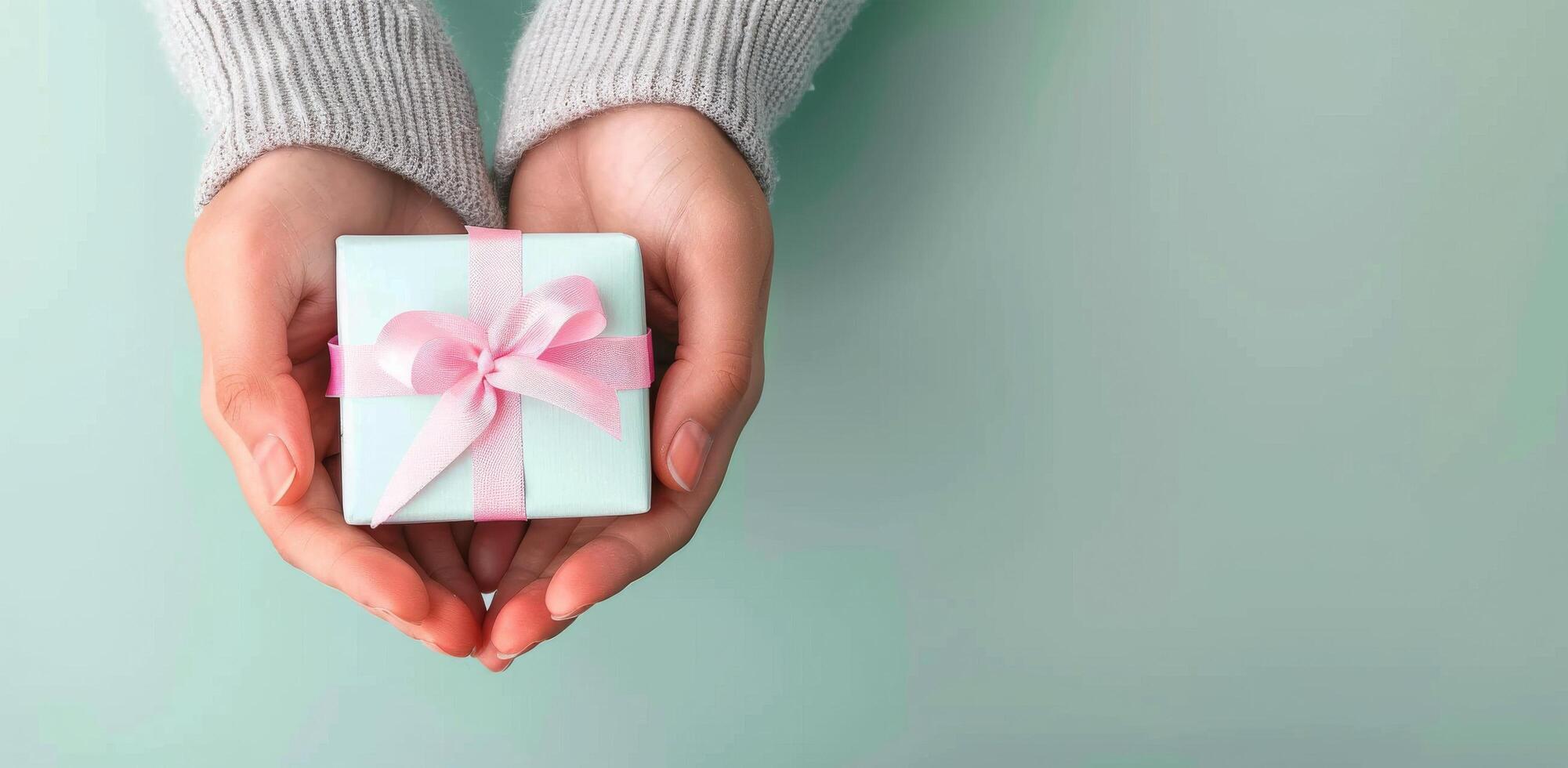 Delicate Gift Wrapped in Pink Ribbon Held by Young Person in Cozy Indoor Setting photo