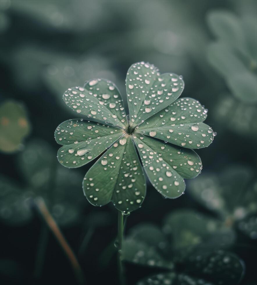 Close-Up of Dew-Kissed Four-Leaf Clover in a Lush Green Field at Dawn photo