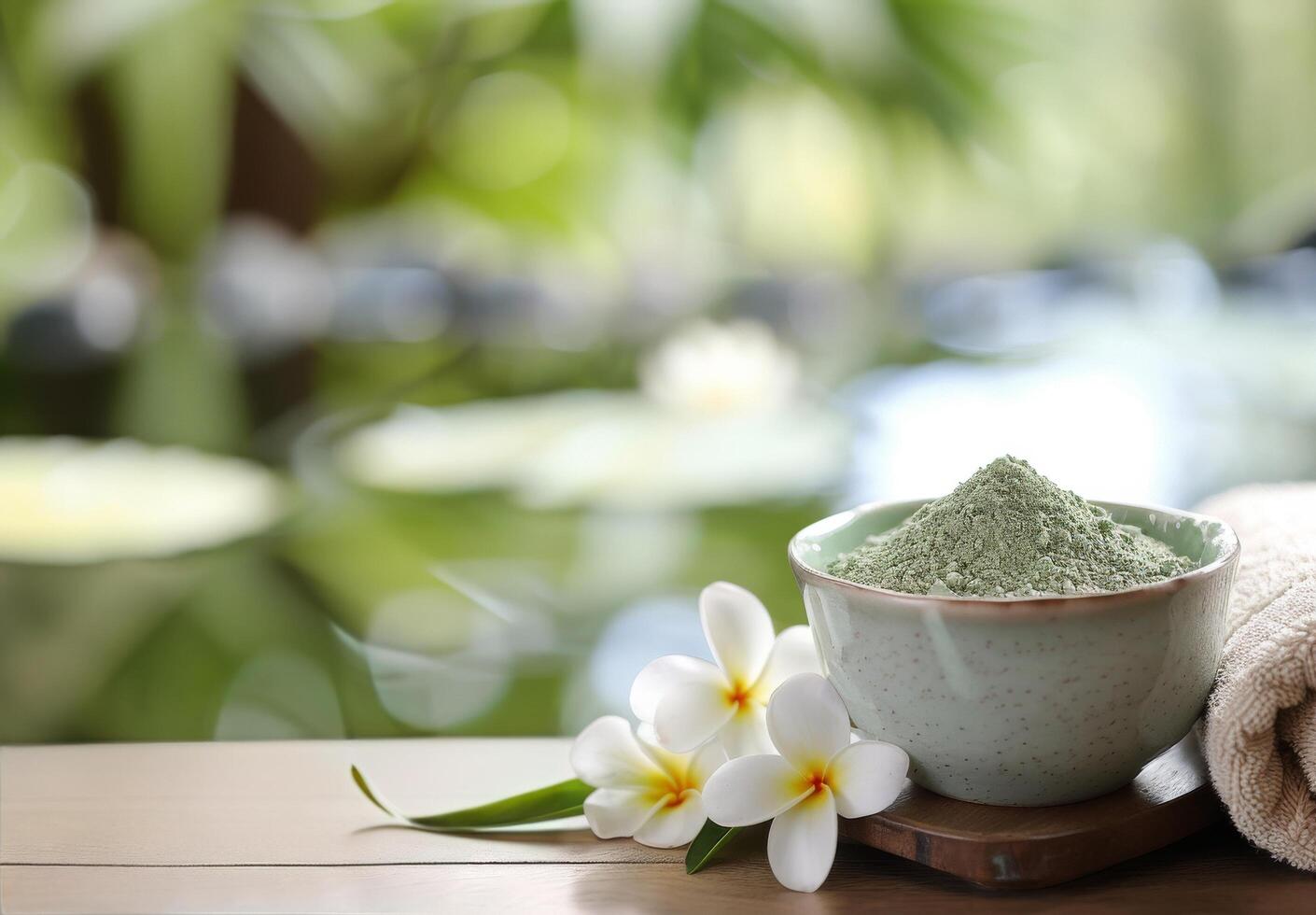 Natural Clay Powder With Flower Accents on a Soft Towel in a Calm Environment photo