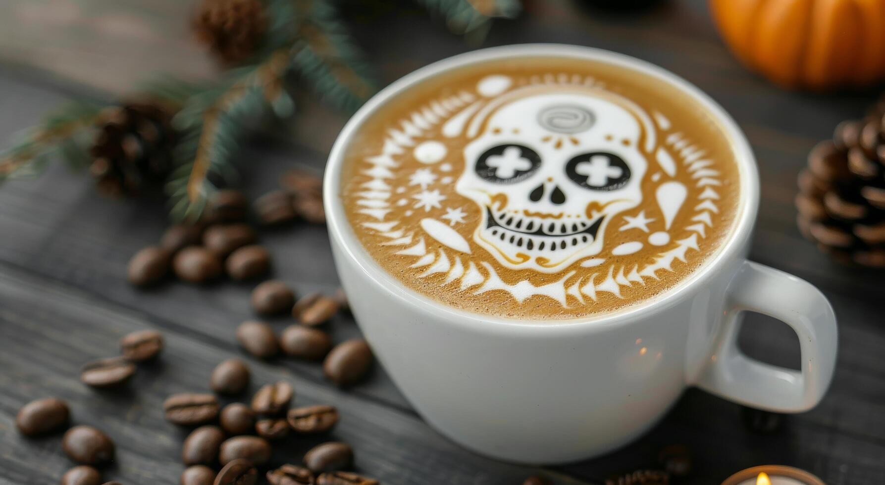 Skull Latte Art on Coffee Displayed With Coffee Beans photo