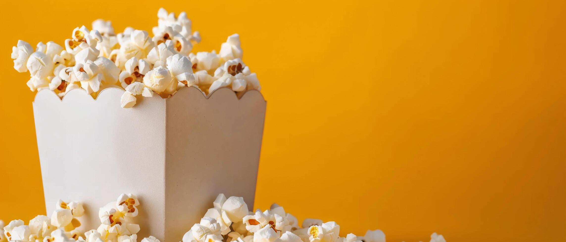 Freshly Popped Popcorn in a Striped Box Against a Bright Yellow Background photo