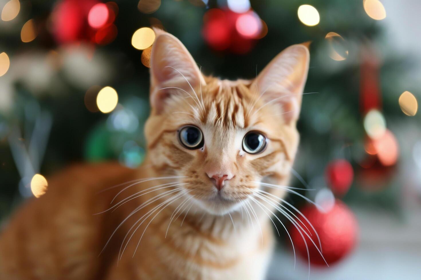 Curious Orange Cat Posing Near Christmas Tree With Colorful Ornaments photo