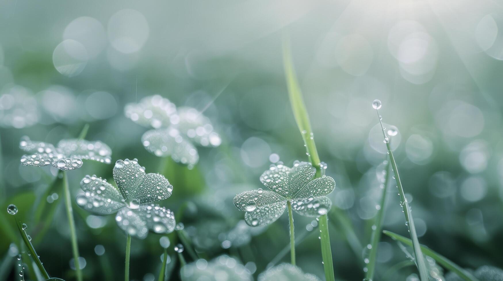 Dew-Kissed Clover Leaves in a Rainy Field at Dawn photo