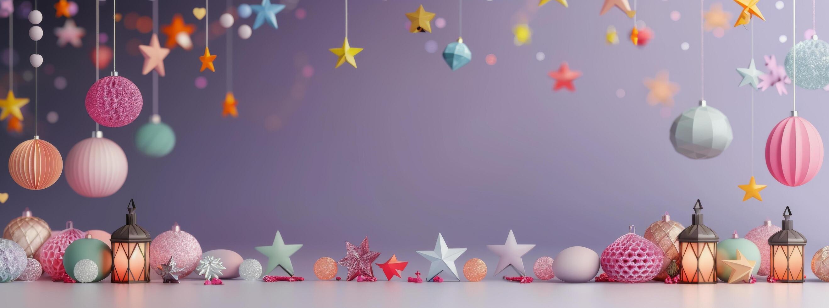 Colorful Paper Flowers and Lanterns Against a Sunset Background photo