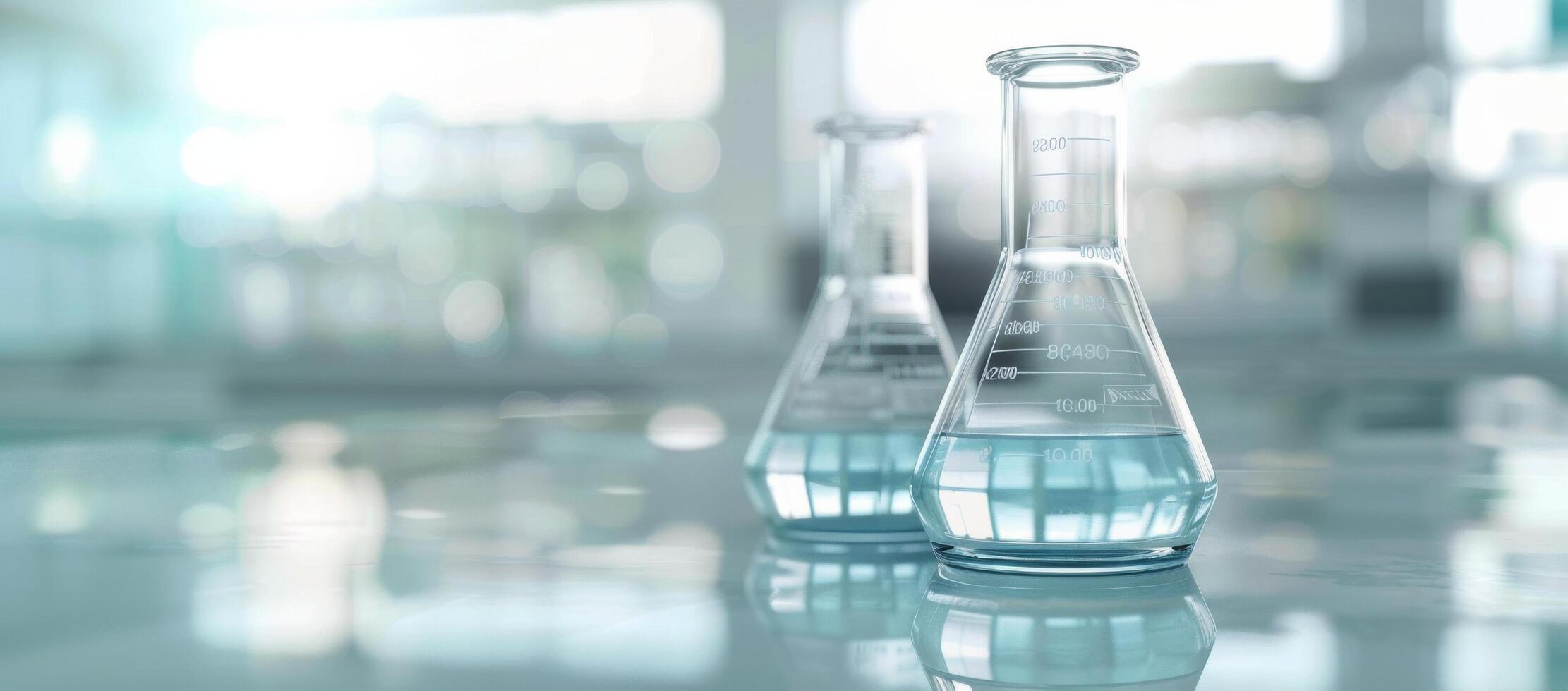 Glass Laboratory Beakers With Clear Liquid on Table in Modern Research Facility photo
