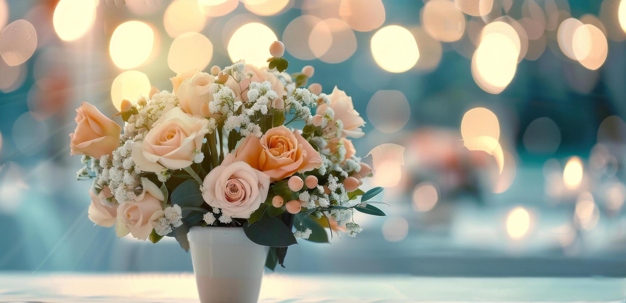 Elegant Floral Arrangement in a Softly Lit Venue With Bokeh Background photo