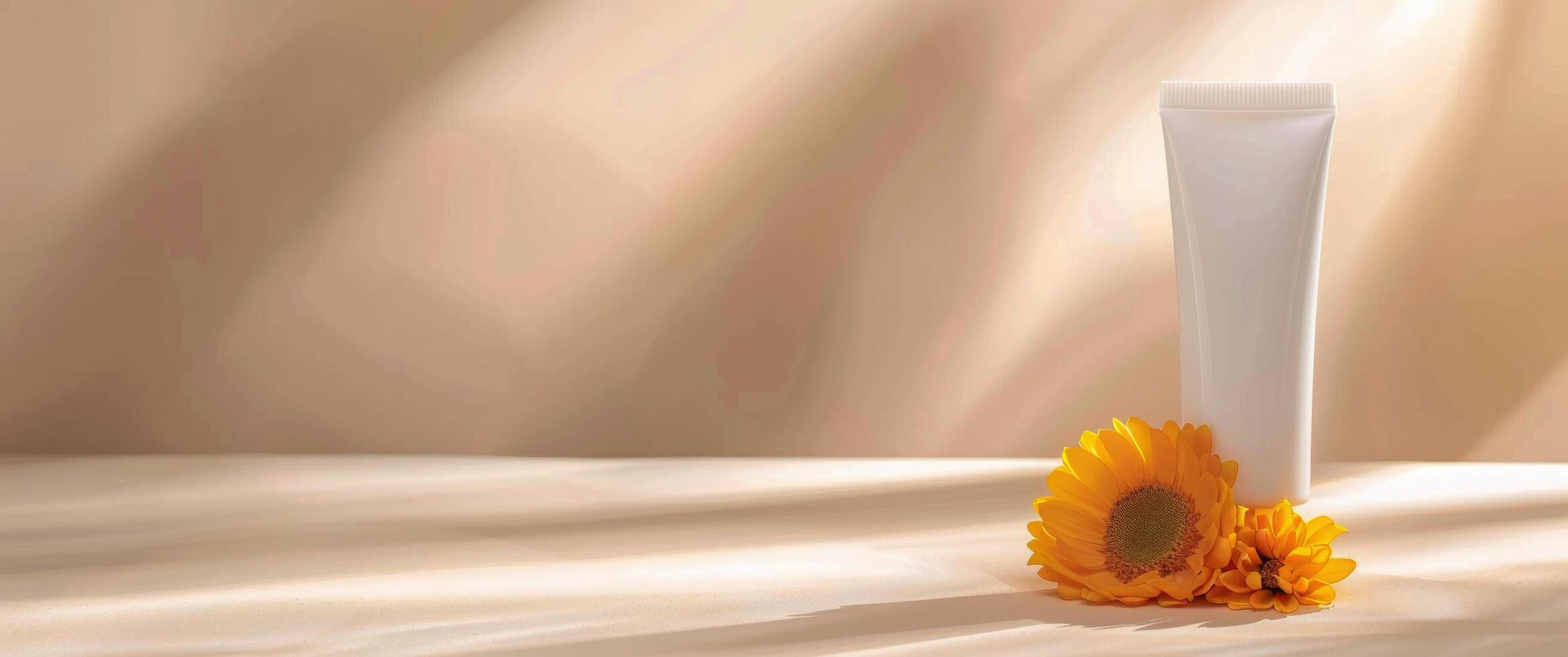 Sunflower and Cream Tube on Wooden Surface With Soft Lighting photo