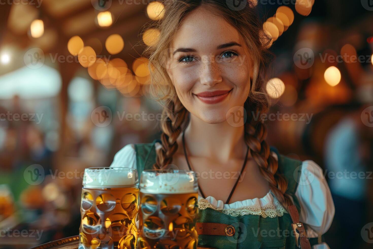 Pretty woman in beer fest costume with smile and bright eyes , holding a tray with large glasses of beer. photo