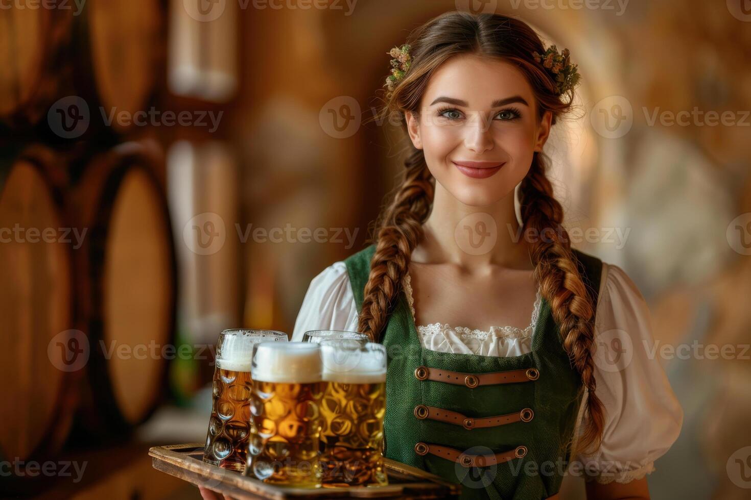 Pretty woman in beer fest costume with smile and bright eyes , holding a tray with large glasses of beer. photo