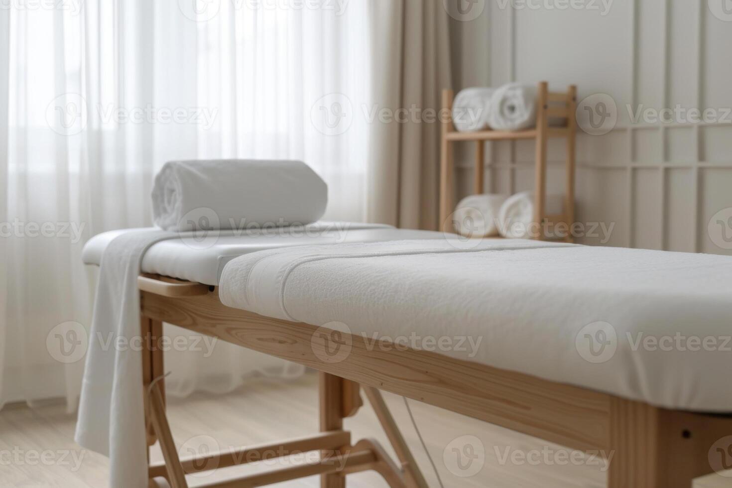 Modern stylish room with massage table in a spa salon. White walls, natural wooden furniture, daylight. photo