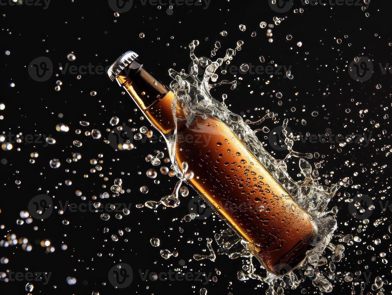 Glass beer bottle floating in the air. The is covered with droplets of water. photo