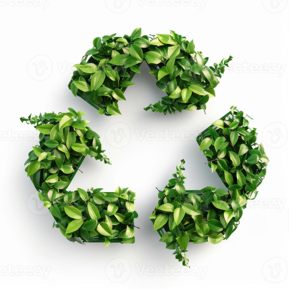 Photorealistic image of recycling symbol made of green leaves isolated on white background. photo