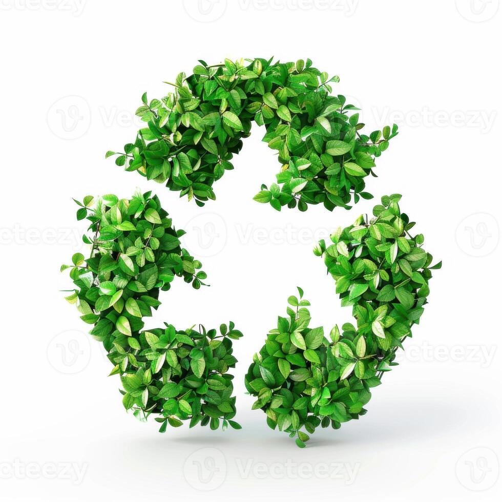 Photorealistic image of recycling symbol made of green leaves isolated on white background. photo