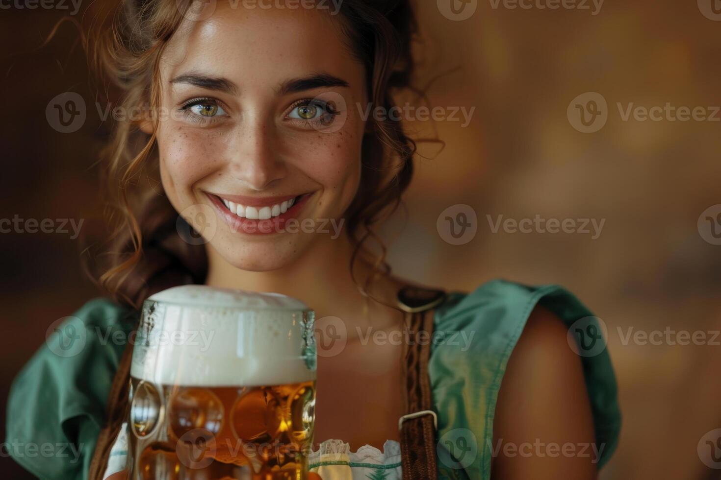 Pretty woman in beer fest costume with smile and bright eyes , holding a tray with large glasses of beer. photo