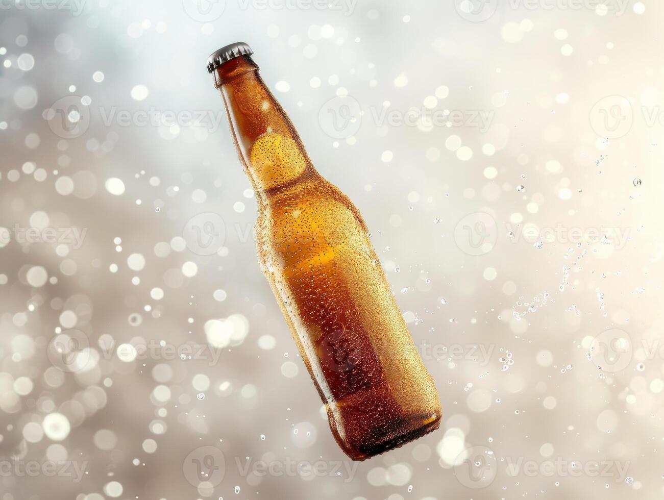 Glass beer bottle floating in the air. The is covered with droplets of water. photo