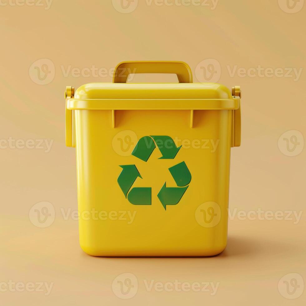 Plastic yellow container with green recycling sign. photo