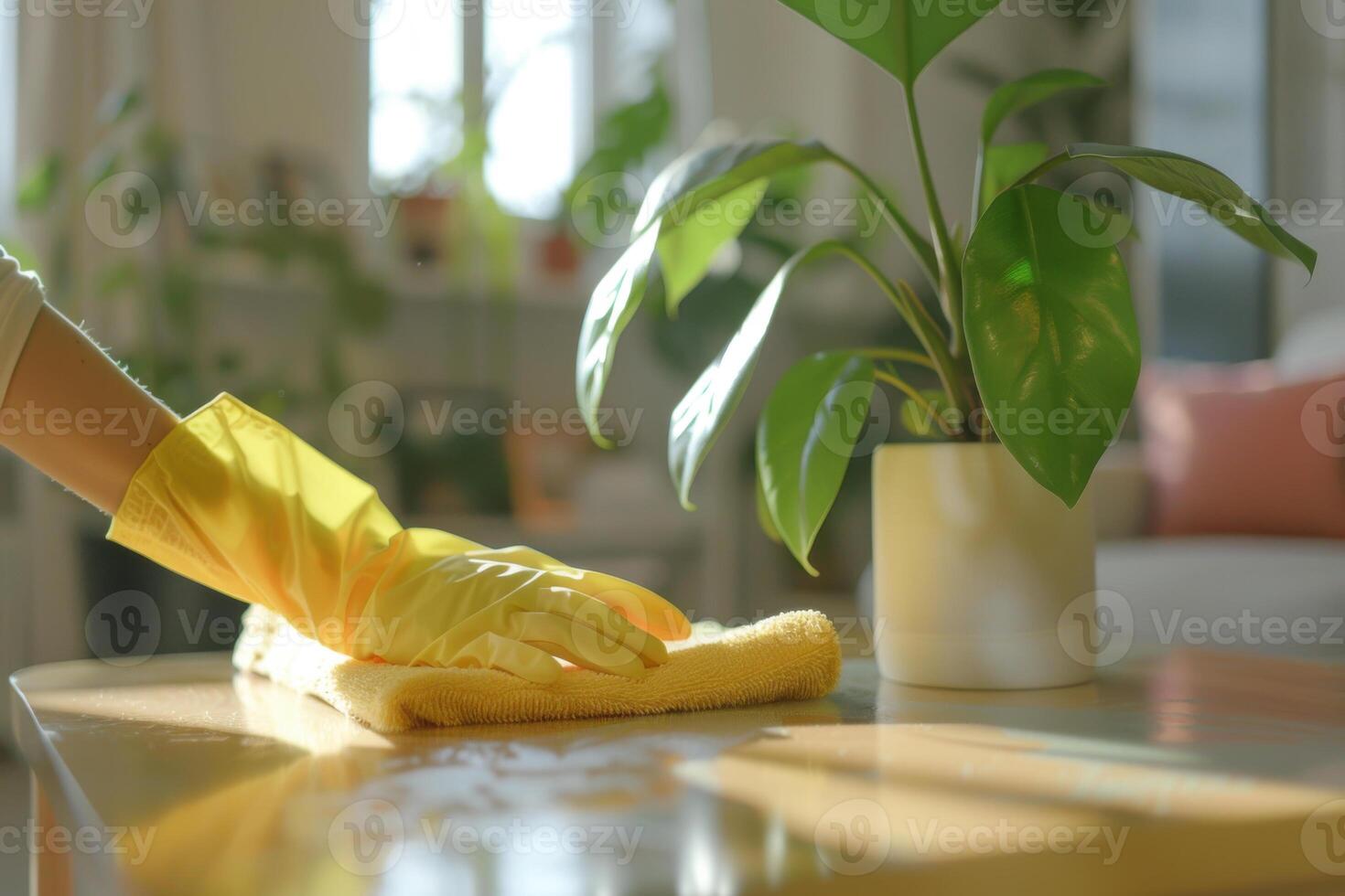 Female cleaner hands in light yellow rubber gloves cleaning on a table with cleaner cloth. photo
