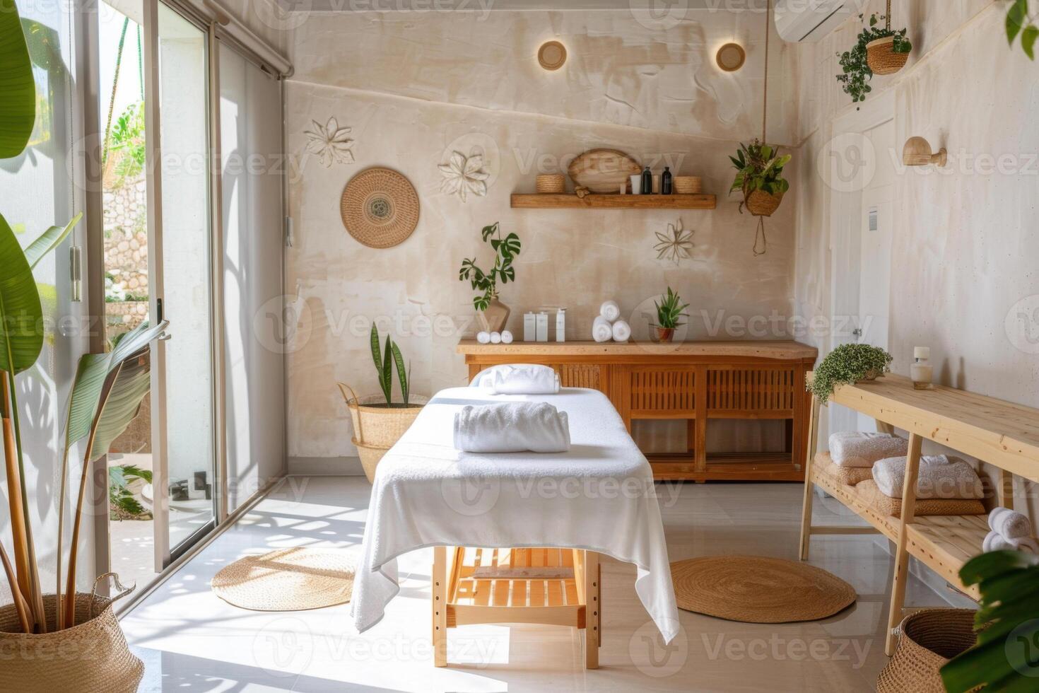 Modern stylish room with massage table in a spa salon. White walls, natural wooden furniture, daylight. photo