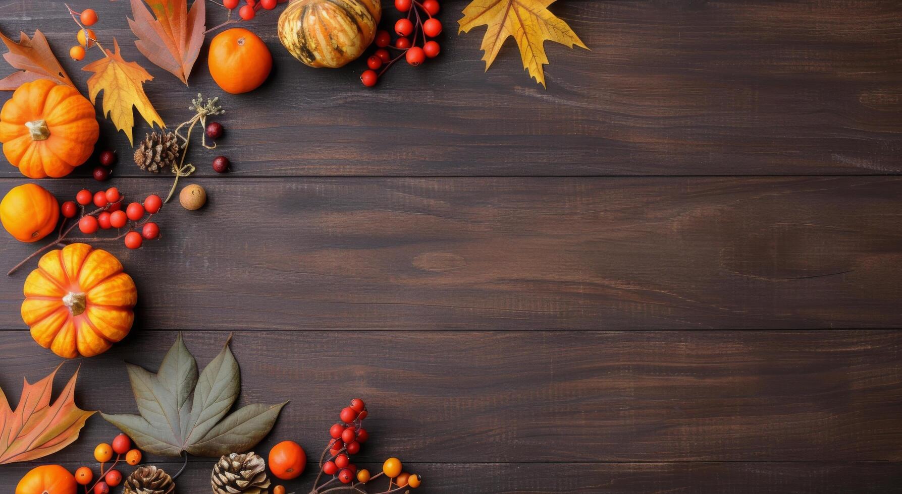 Autumn Decorations With Pumpkins, Pinecones, and Maple Leaves on Wooden Surface photo