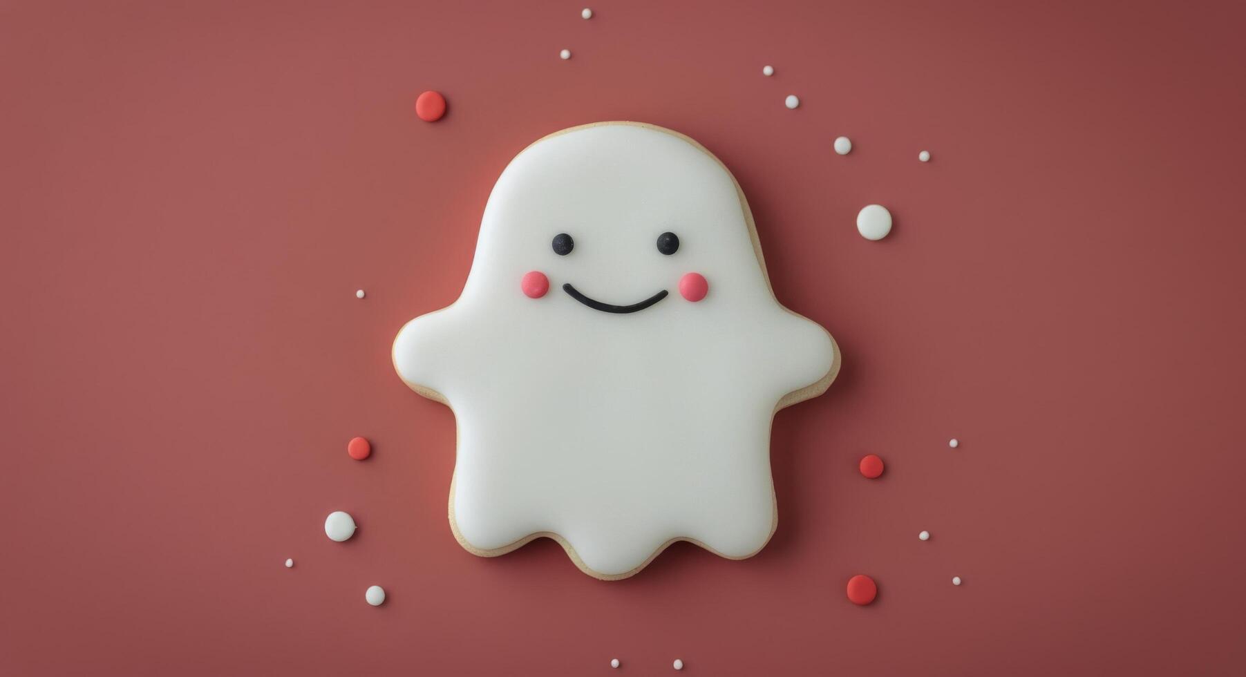 Cute Ghost-Shaped Cookie Decorated With Colors on a Red Background photo