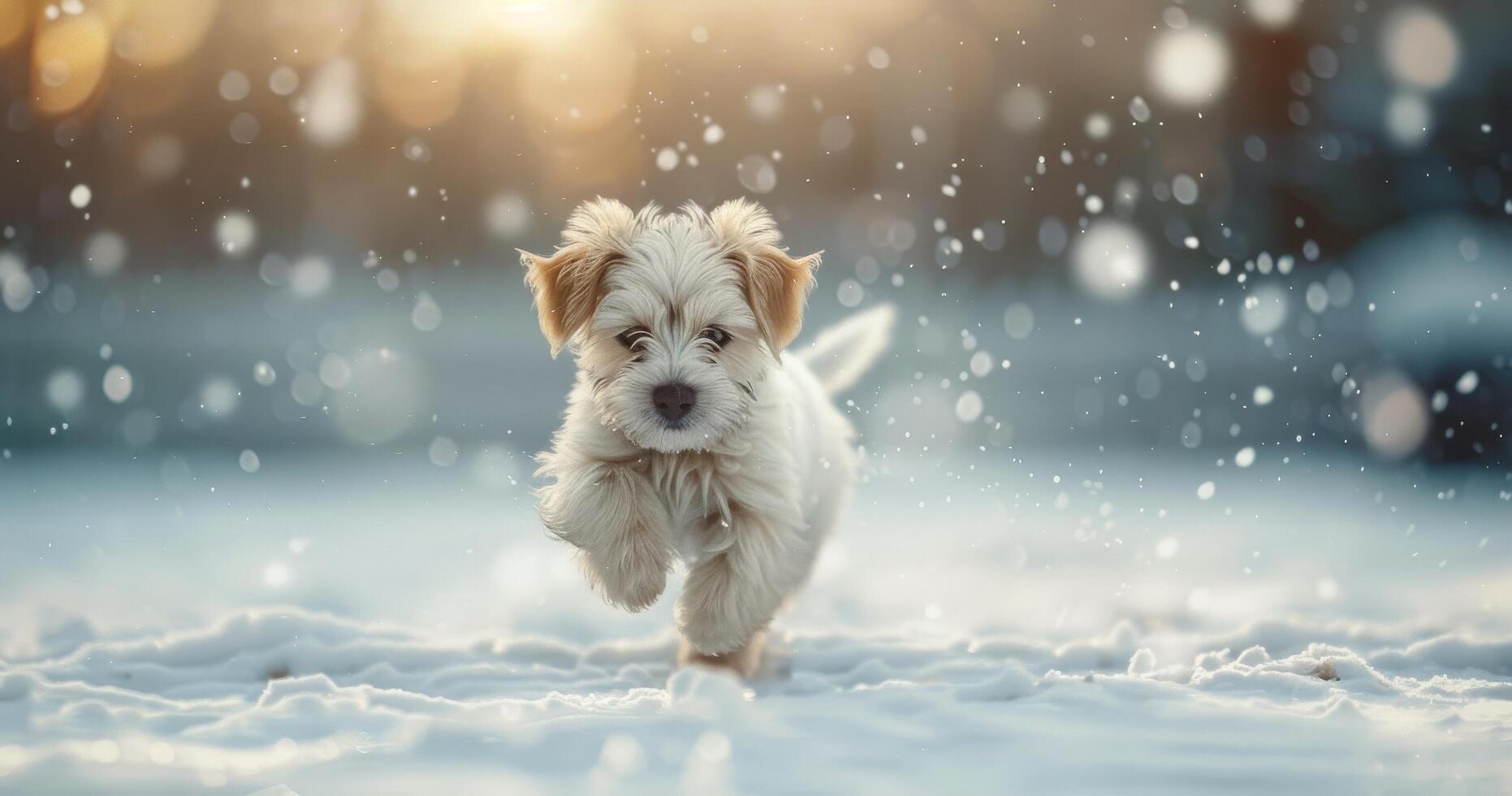 Playful Puppy Running Through Snow at Sunset photo