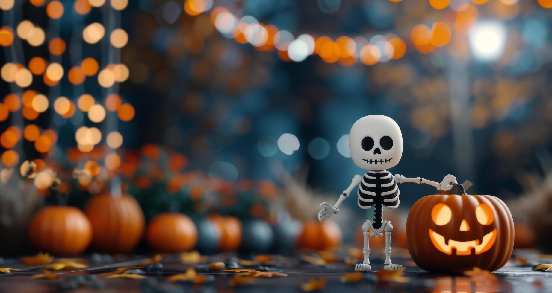 Festive Skeleton Holding Jack-O'-Lantern Among Halloween Decorations at Night photo