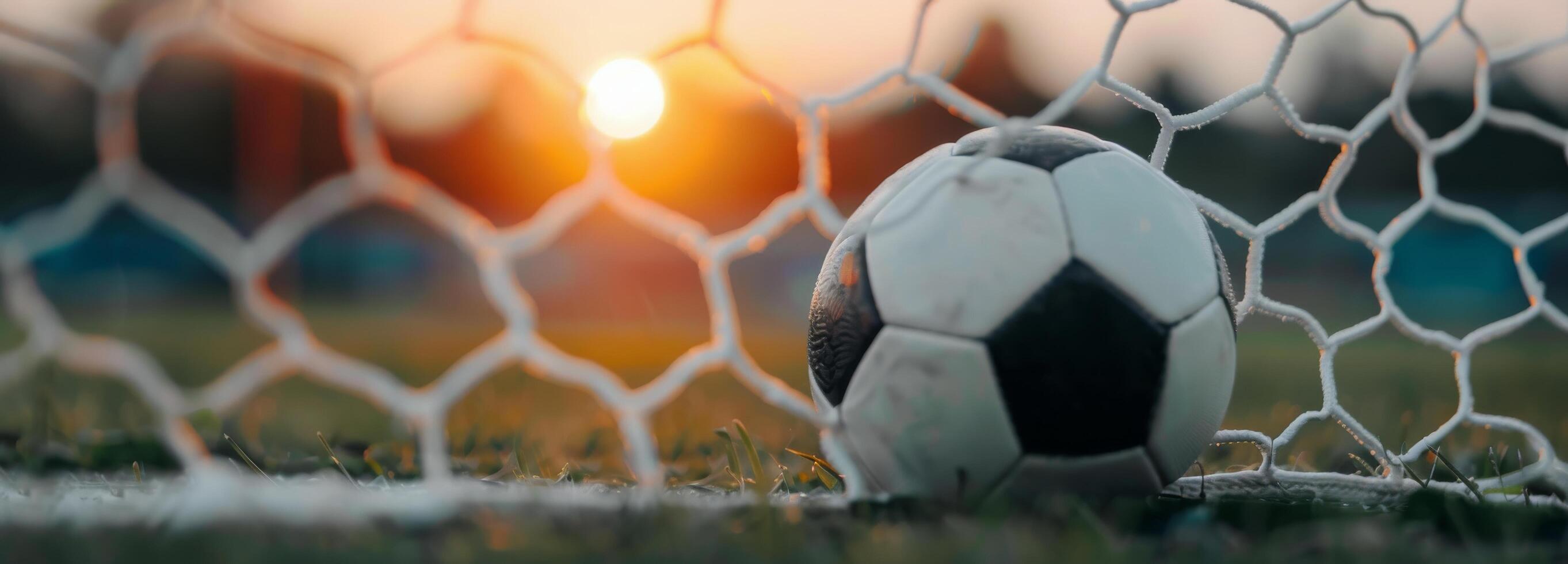 Soccer Ball Reaches Goal Net During Sunset at Outdoor Field photo