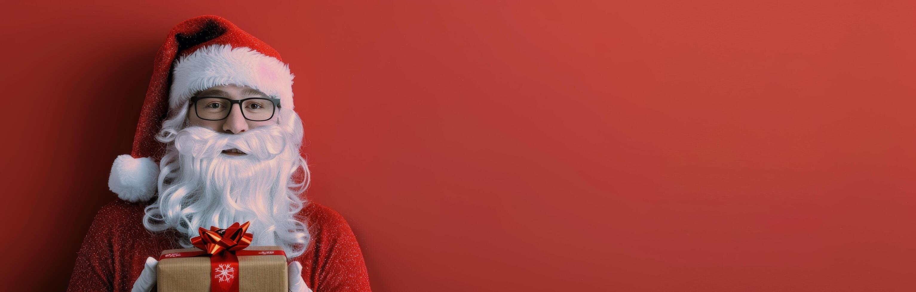 Santa Claus Holding a Gift Against a Red Background photo