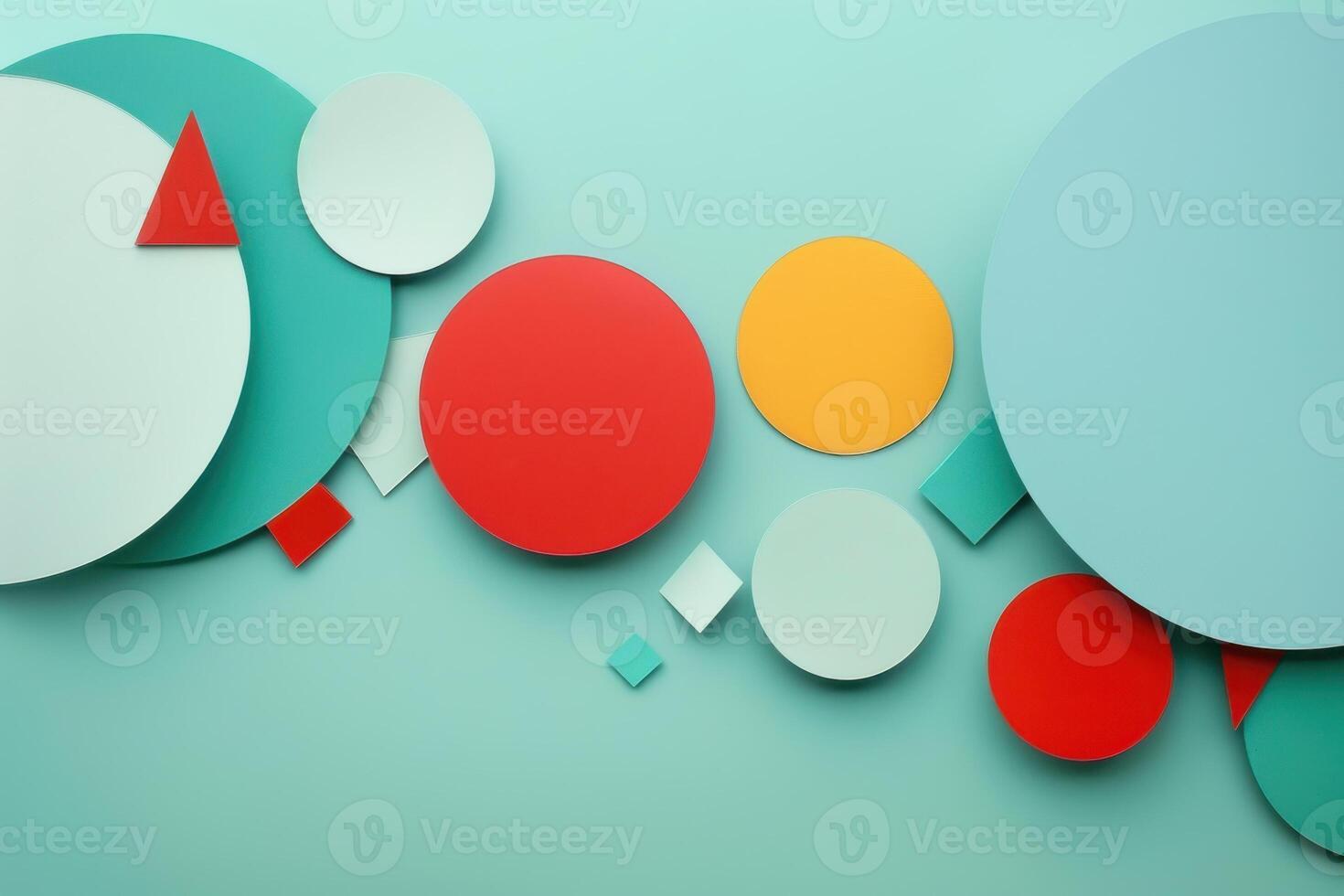 Geometric abstraction, circles, triangles, squares. Light blue green background. photo