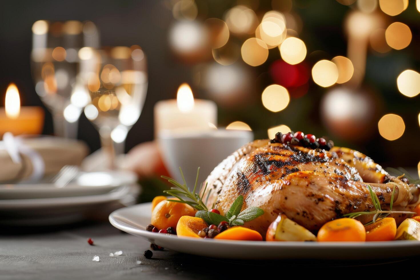 Festive Roast Chicken Garnished With Citrus and Berries on a Holiday Table photo