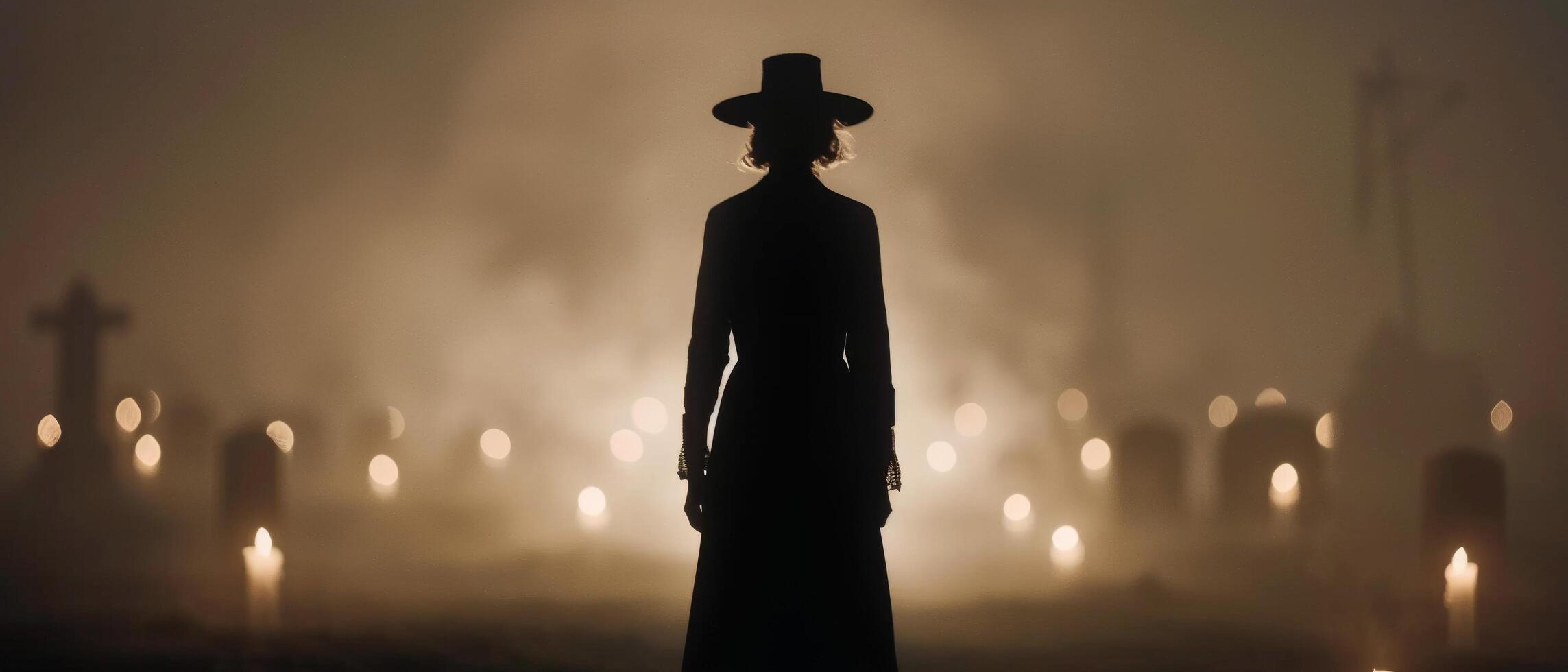 Mysterious Figure in Dark Attire Stands Amidst Foggy Graveyard at Dusk photo