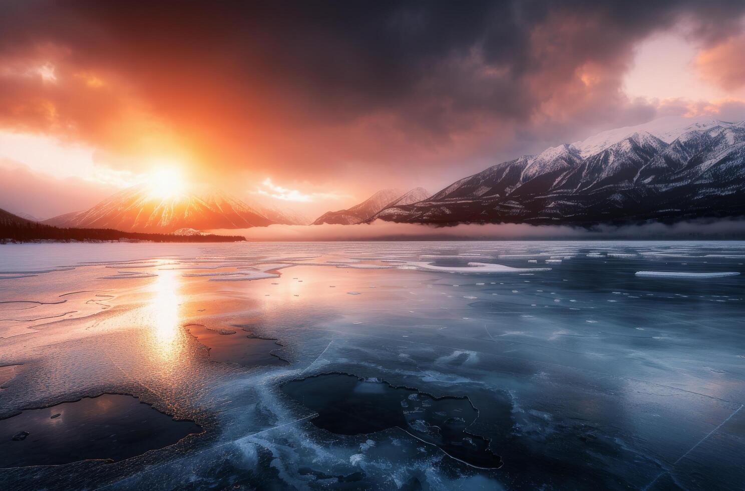 Serene Sunrise Over Frosty Lake and Snow-Capped Mountains photo
