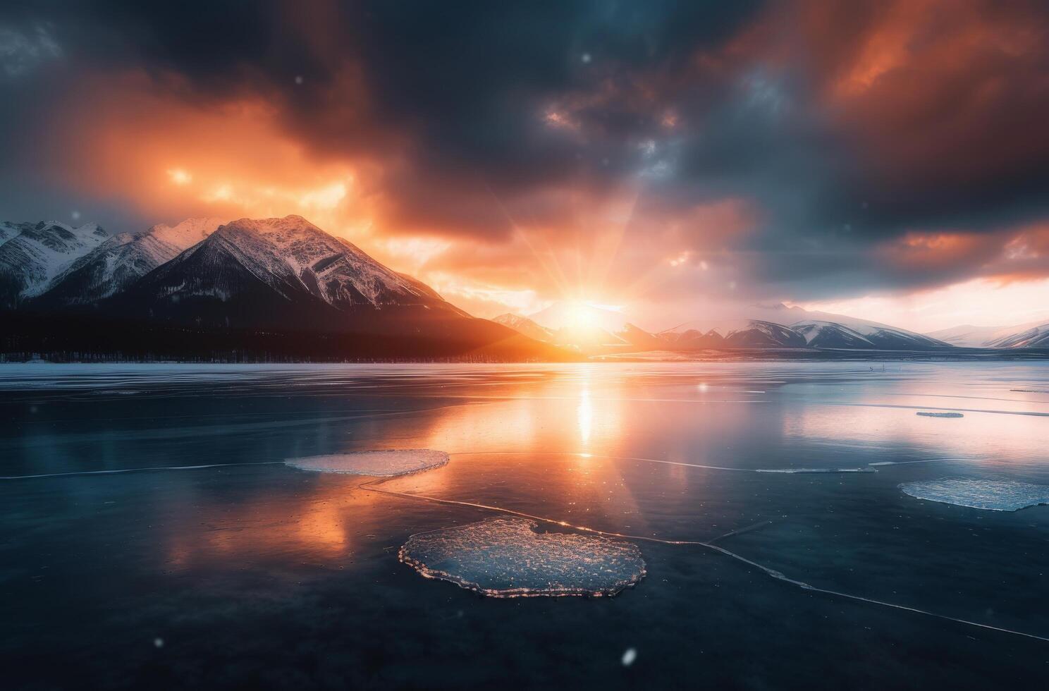 Serene Sunrise Over Frosty Lake and Snow-Capped Mountains photo