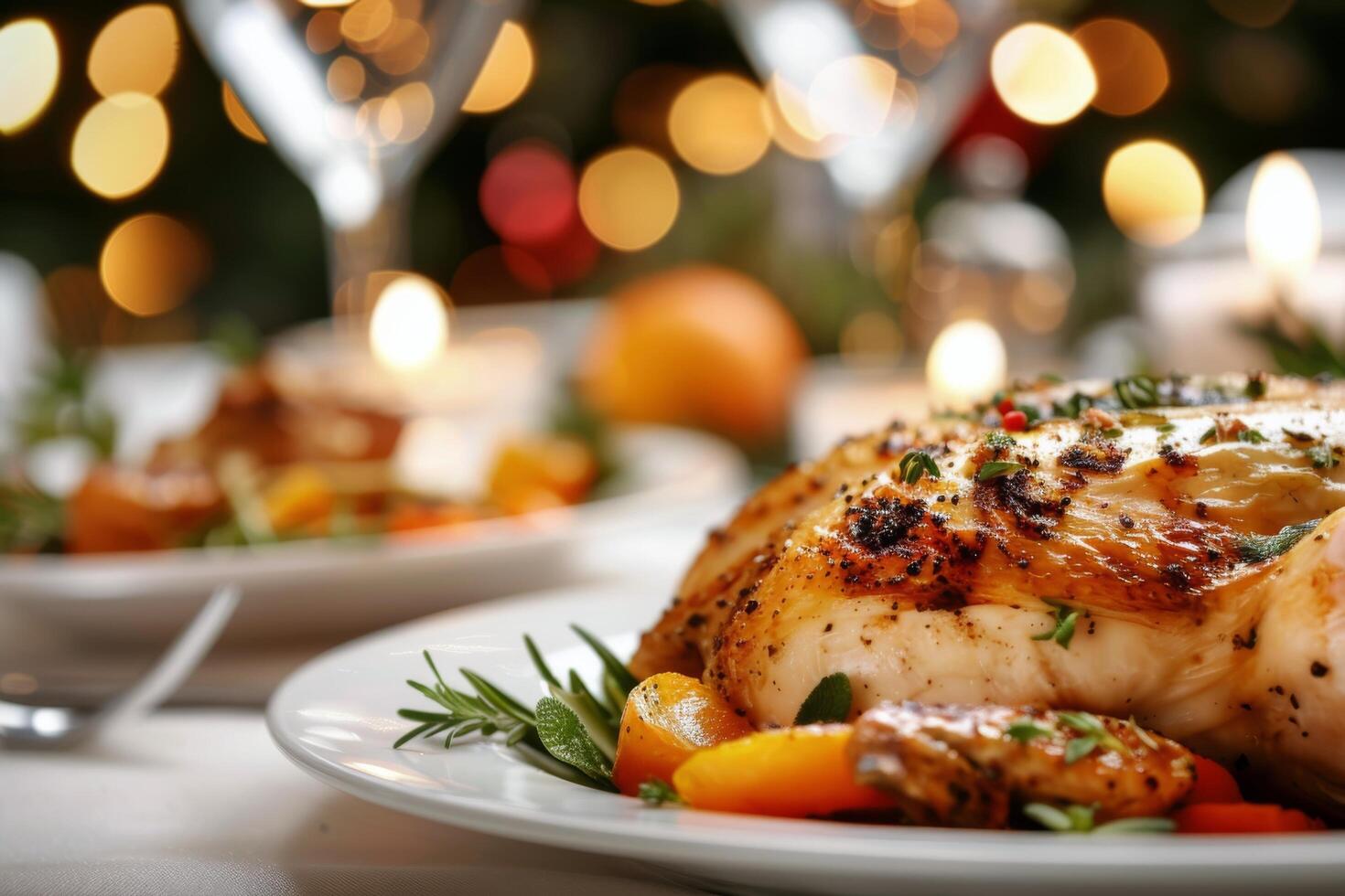 Festive Roast Chicken Garnished With Citrus and Berries on a Holiday Table photo