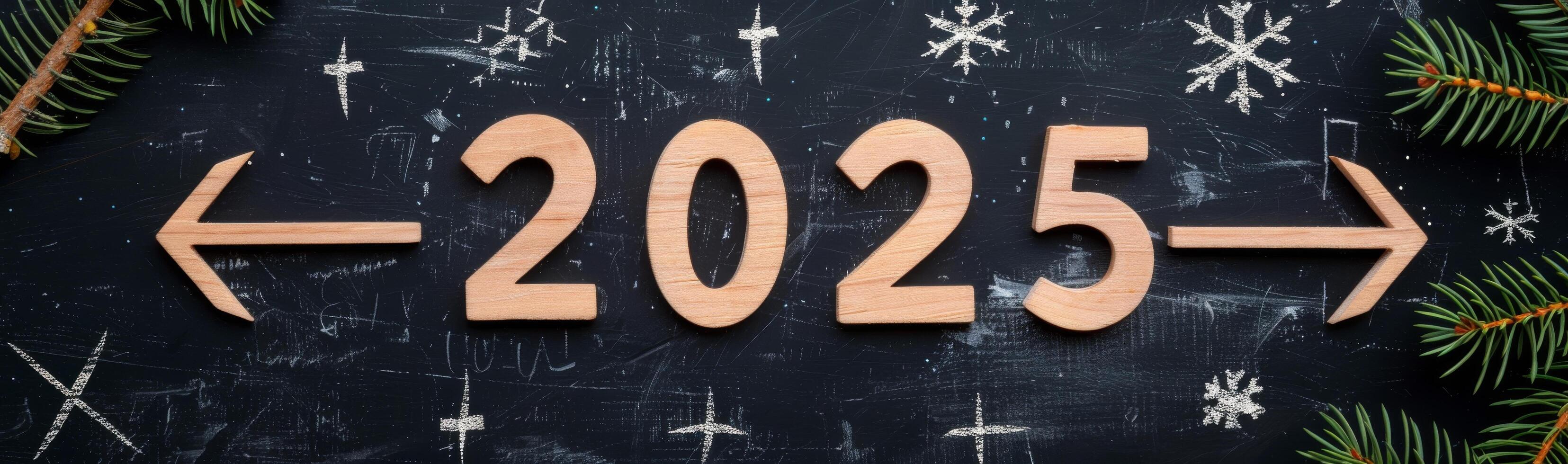 Wooden Arrow Pointing Left Towards 2025 on a Weathered Chalkboard Surface photo