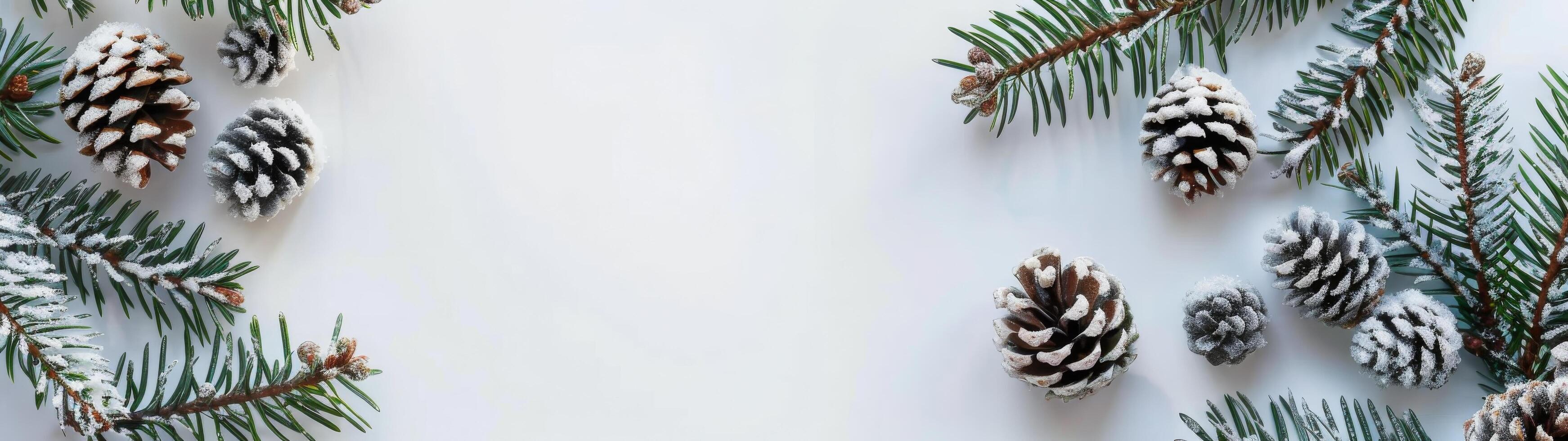 Snowy Pine Cones and Evergreen Branches on a White Background photo