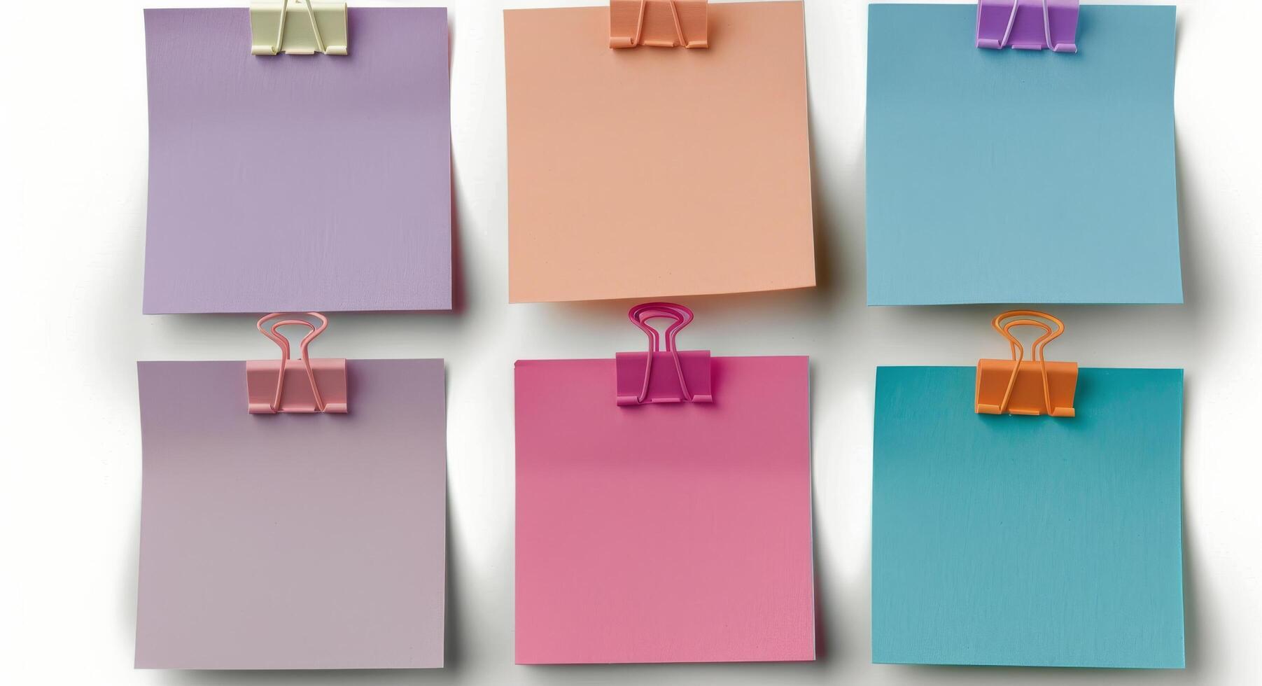 Colorful Sticky Notes Secured With Metal Clips on White Background photo