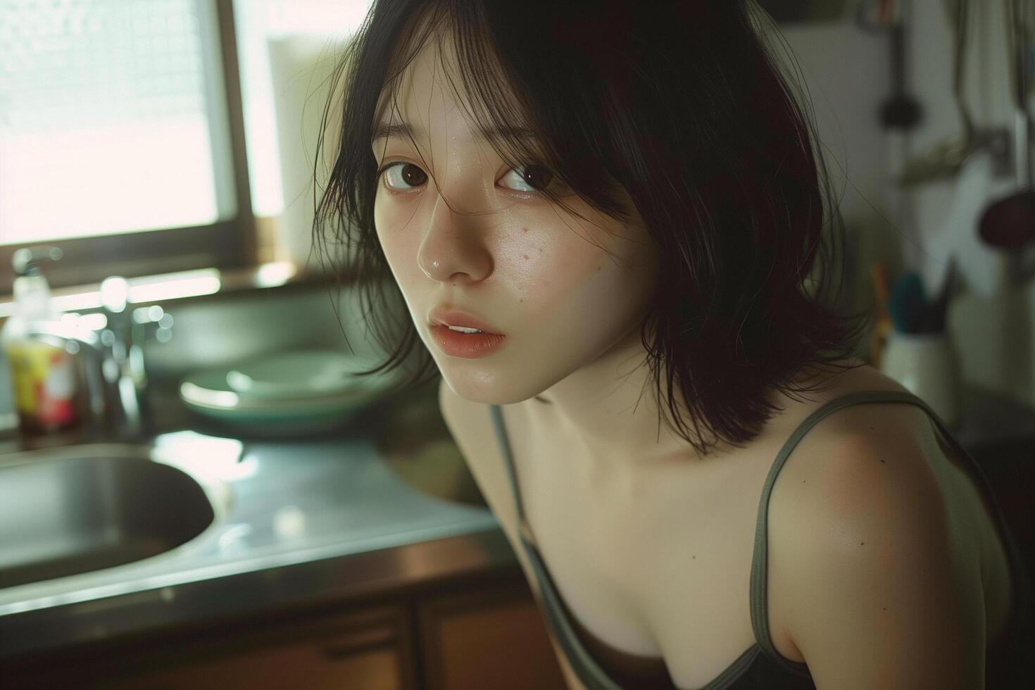 a Japanese girl in the kitchen with casual clothes and natural make up photo