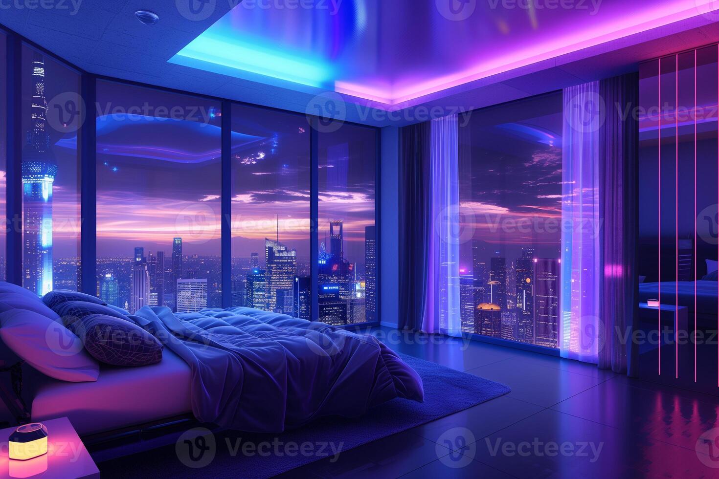 a bedroom with a lofi theme and a large window with the city at night photo
